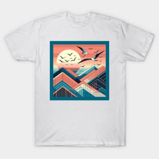 Geometric sunset landscape, square framed T-Shirt